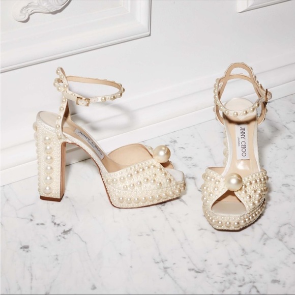 New Sacaria 120 White Satin Platform Sandals with All-Over Pearl Embellishment - Picture 4 of 16